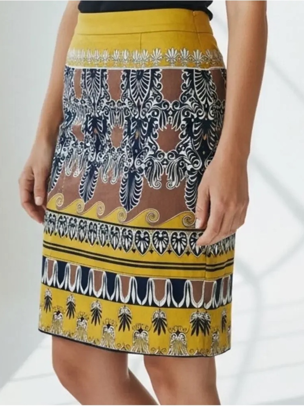 J.Crew The Pencil Skirt Yellow Damask Geometric Border Print Size 12 Office NWT